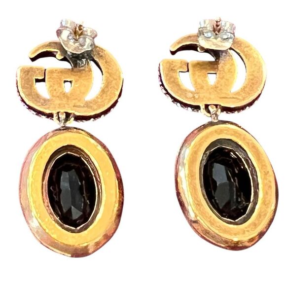 GUCCI 
Crystal Double G Earrings Black Aged Gold - Picture 4 of 7